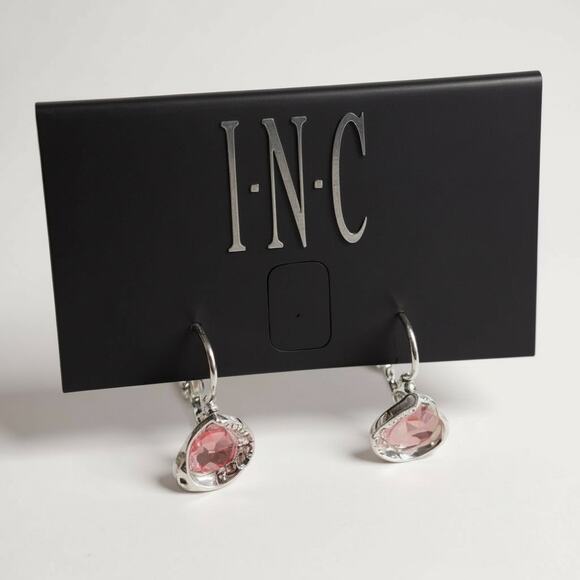 INC Pink Crystal Drop Earrings Silver Tone Leverback | New With Tags - Picture 2 of 3